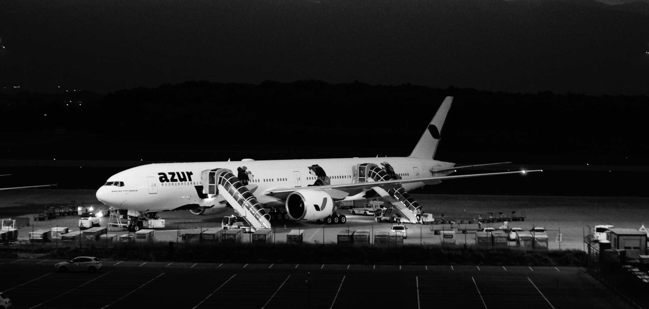 A cargo aircraft for logistics beeing unloaded with personal protection equipment (masks, globes) at the airport tarmac